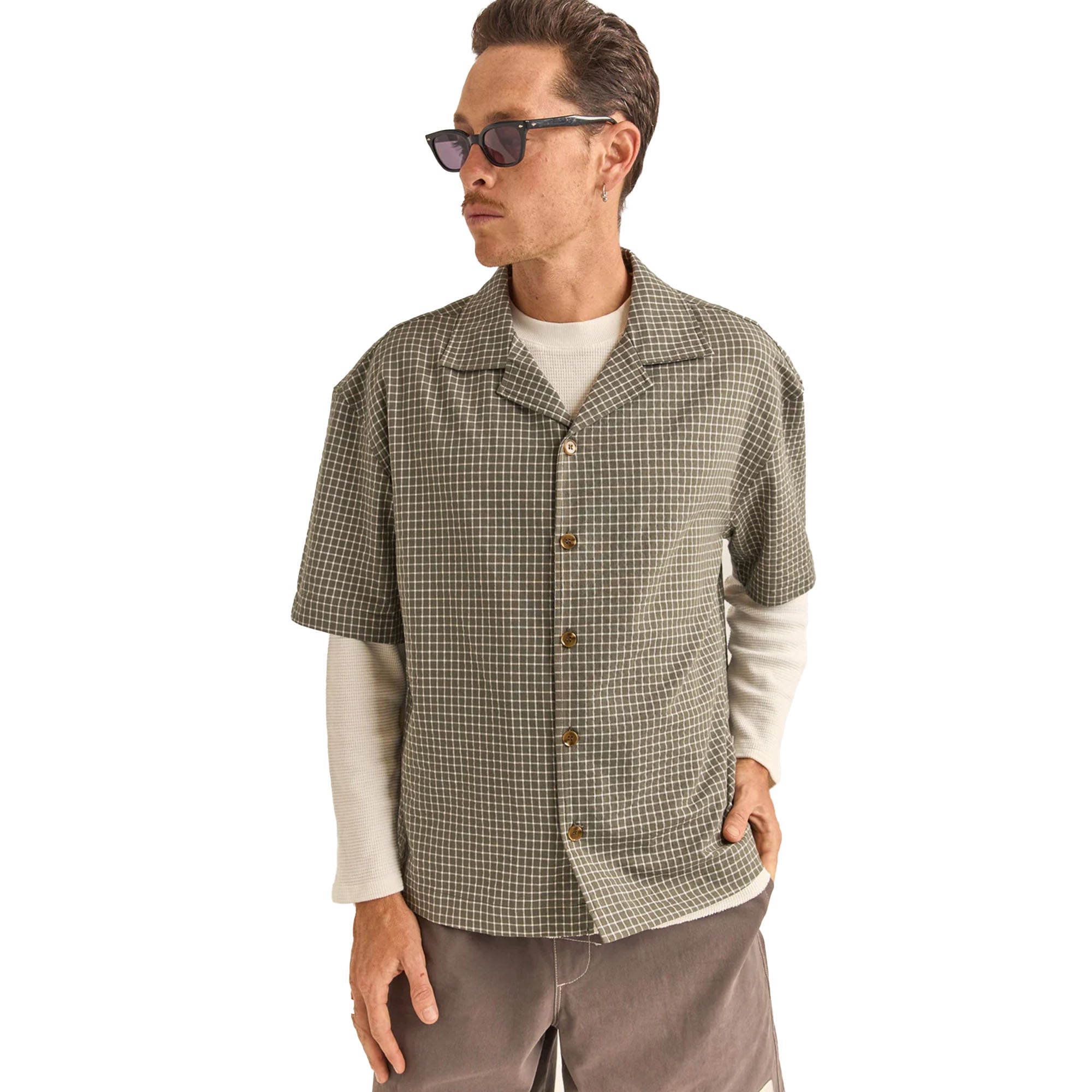 Rhythm Relaxed Check Men's S/S Dress Shirt - Olive